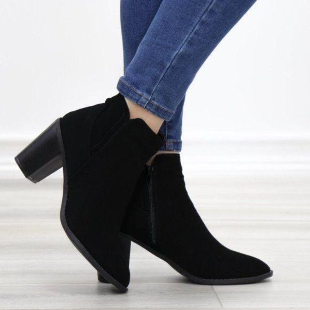 Black Perforated Design Ankle Heeled Boots - Picture 10 of 16